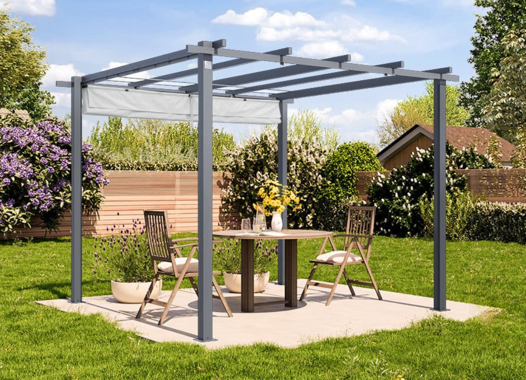 Classic. 3x3m Pergola in Anthracite with Stone-Colored Sun Sail