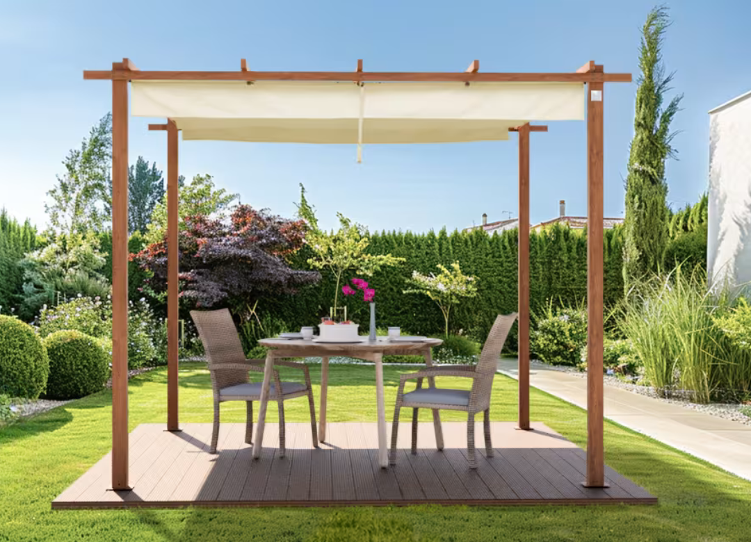 Classic. 3x3m Pergola in Wood Look with Stone-Colored Sun Sail