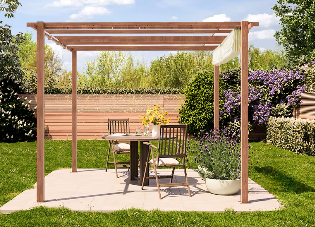 Klasična pergola 3x3m u drvenom izgledu s platnom za sunce u kamenom tonu