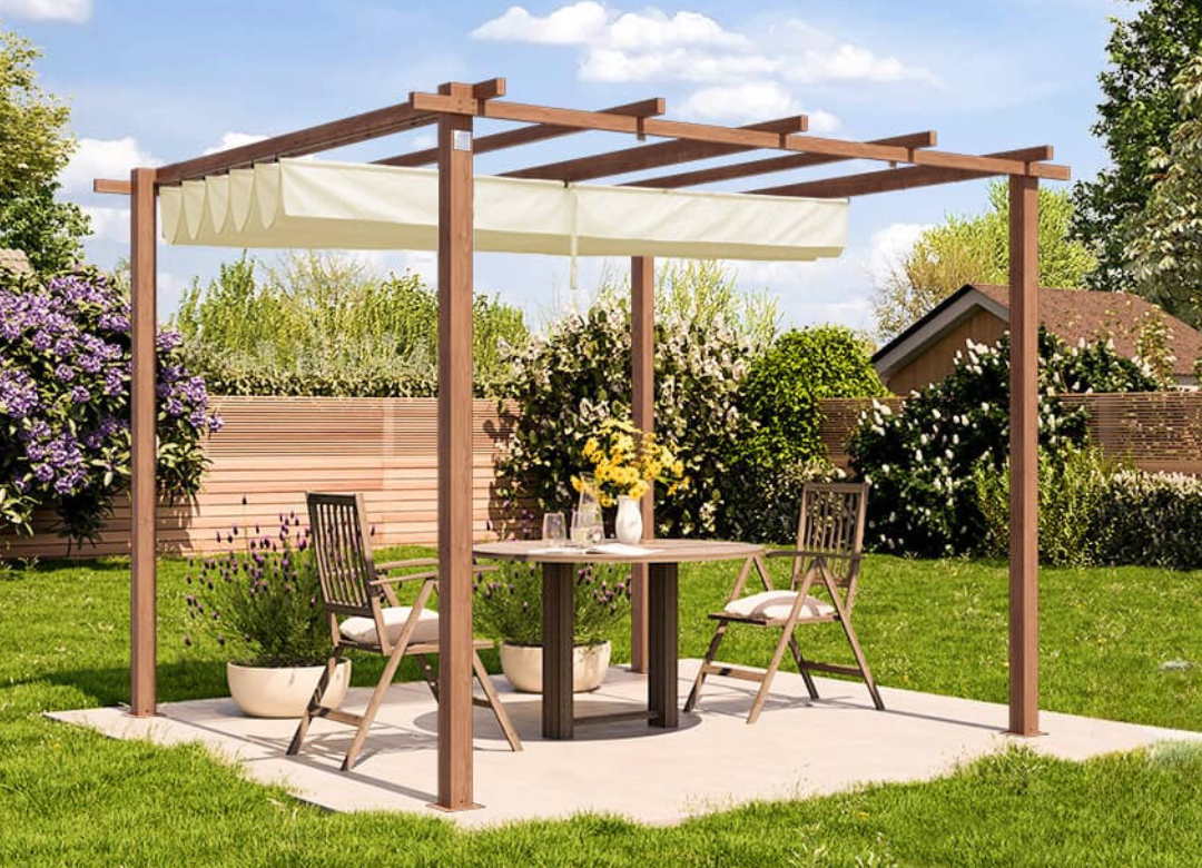 Classic. 3x3m Pergola in Wood Look with Stone-Colored Sun Sail