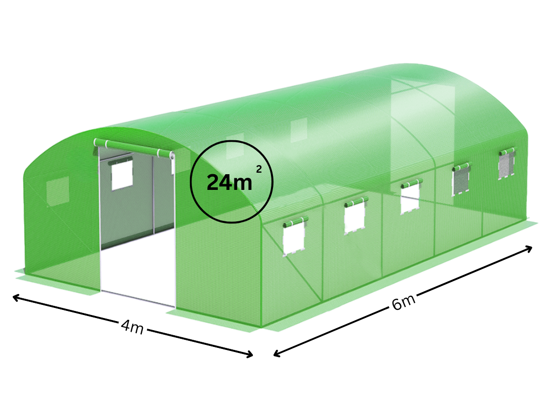 Garden Greenhouse - 4x6x2m | 24m2 |Door on Both Sides | Green