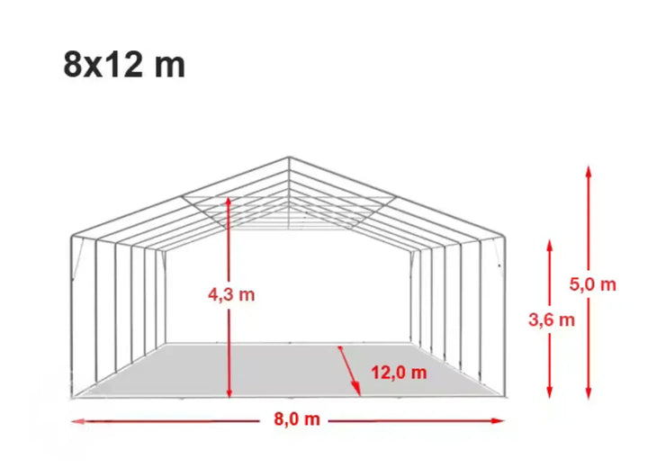 Trpežen jekleni okvir skladiščnega šotora 8x12 m, odporen proti koroziji