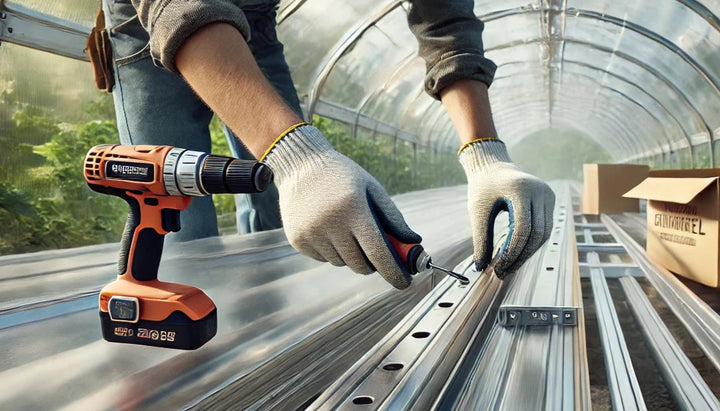 A close-up, highly realistic view of a greenhouse tunnel installation. The installers are securing the transparent panels onto the metal frame, with tools such as screwdrivers and wrenches in hand. The camera focuses on the details of the metal frame and the hands of the worker adjusting the panel. Boxes of materials, screws, and plastic sheets are seen in the background. The sunlight casts soft shadows, highlighting the textures of the greenhouse structure. The overall setting is a garden or backyard with 