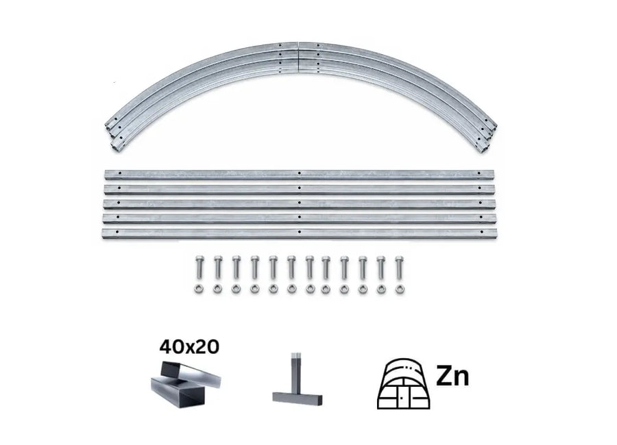Galvanized steel curved mounting bracket kit with multiple flat metal rails, screws, bolts, and installation detail icons on a white background.