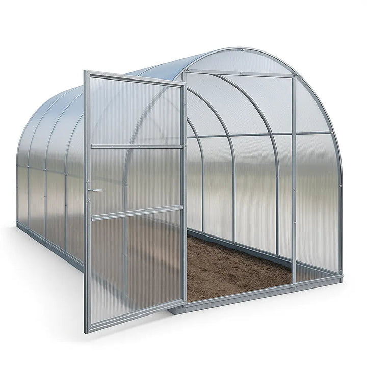 Polycarbonat greenhouse with open door on a white background