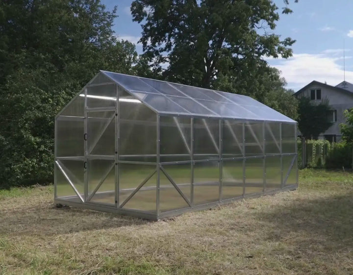 Specifications of the Vitor greenhouse 3x4 m: area 12 m², height 260 cm, 4 mm polycarbonate, galvanized steel frame 40x40 mm. Includes 2 windows and 1 door.