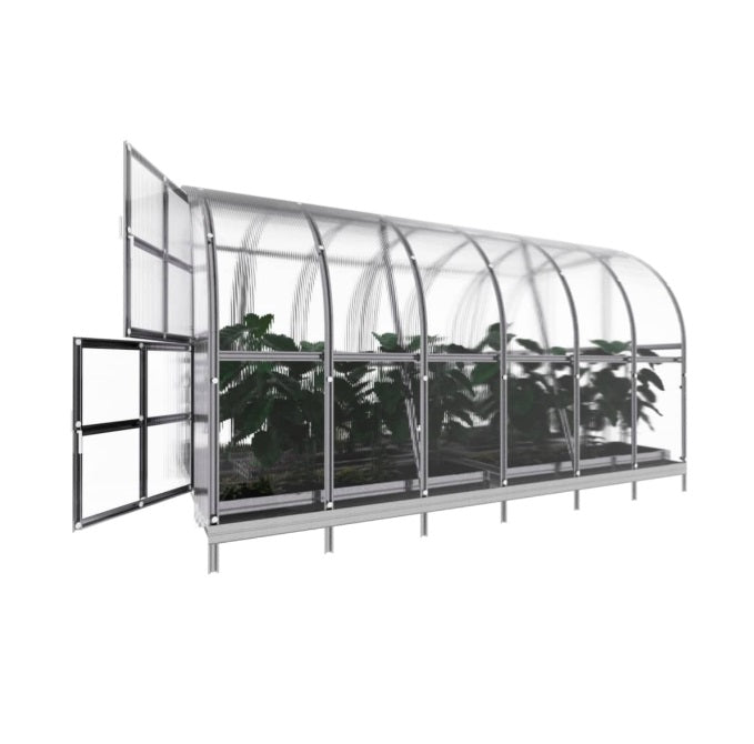 Greenhouse with transparent panels and metal frame on a white background