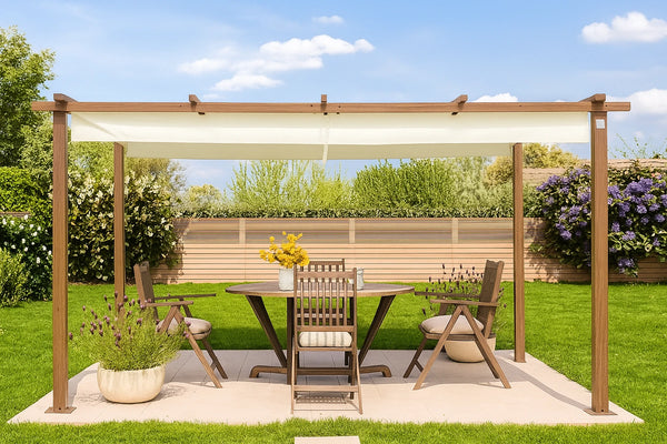 Klasična pergola dimenzija 3x4m u u drvenom izgledu s platnom za sunce u boji kamena