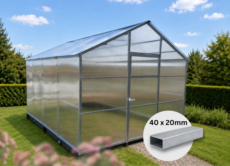 A small greenhouse with transparent panels and a metal frame, shown outdoors on grass with trees and a blue sky. A circular inset at the lower right shows a 40 x 20mm metal tube detail.