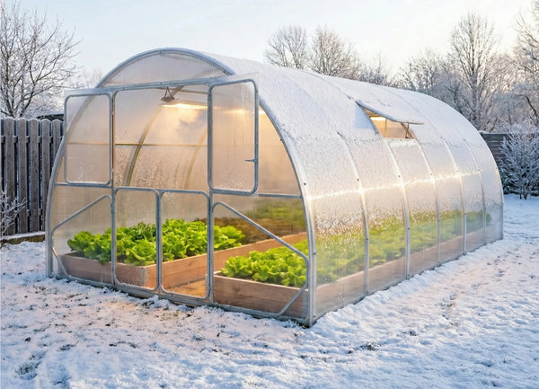 Winter polycarbonate greenhouse with snow on top, high snow-load frame, and lettuce growing inside.