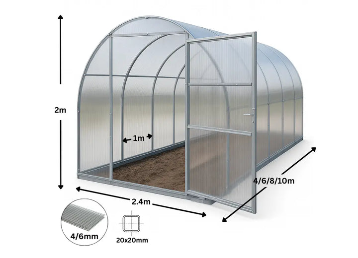 Polycarbonat Greenhouse with dimensions labeled on a white background