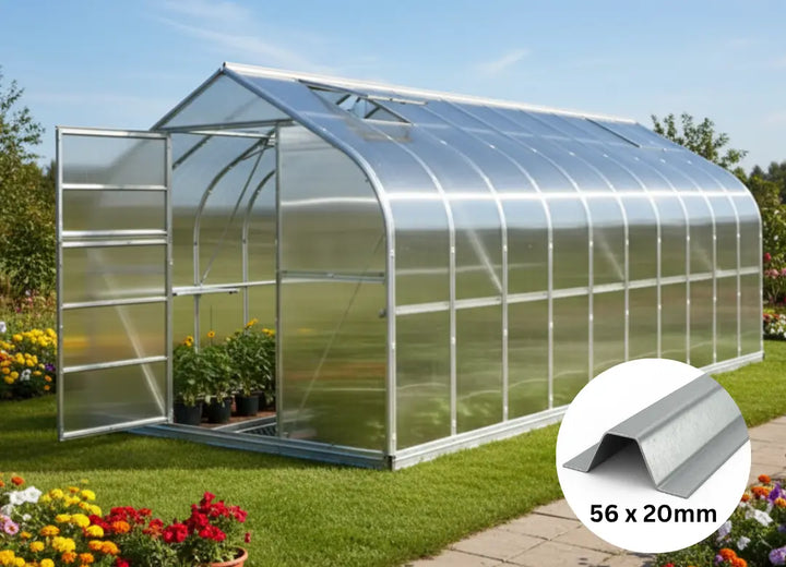 Greenhouse with a small inset showing a metal flashing strip on a garden background.